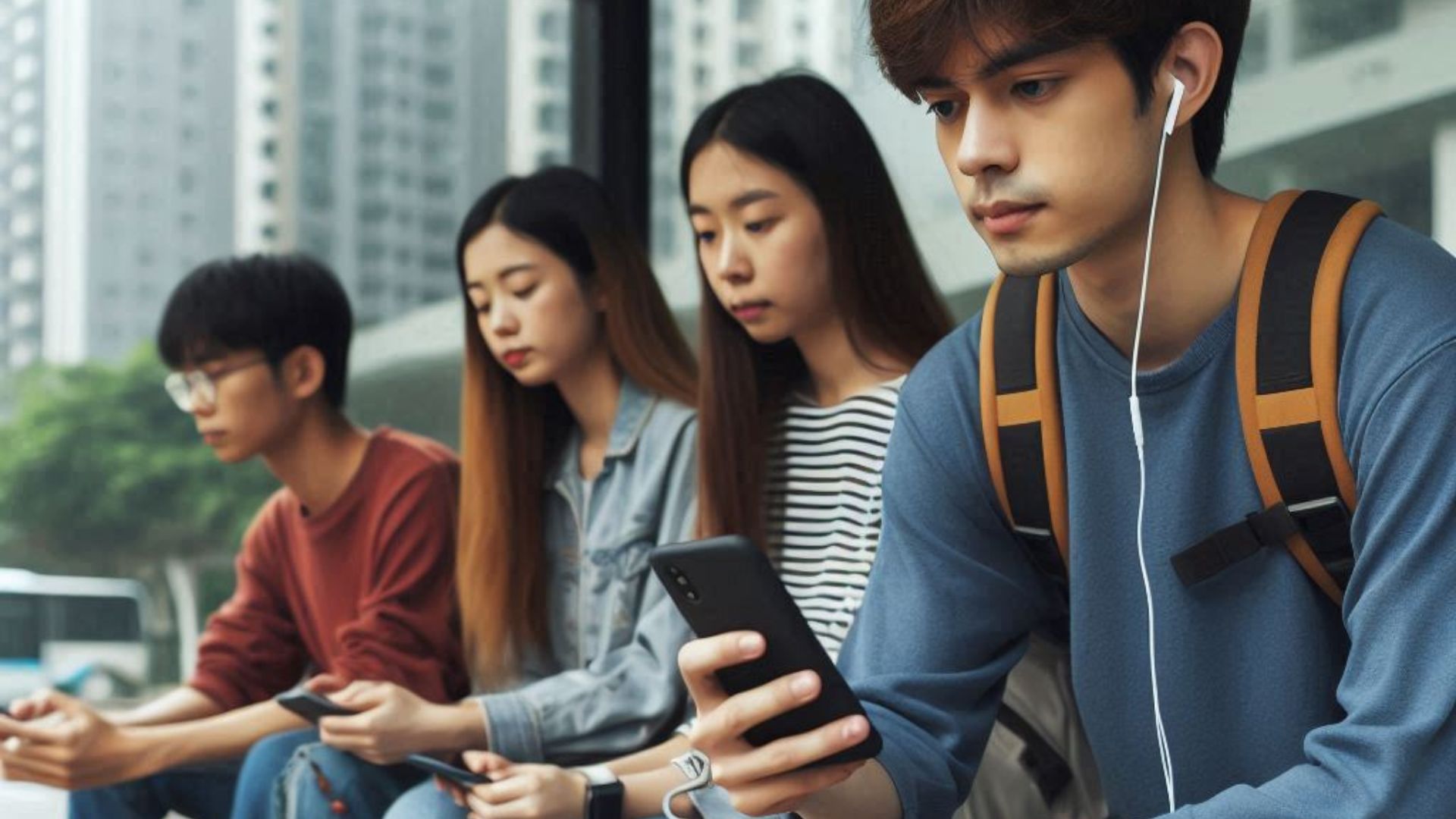 Imagem de jovens conectados no celular no ponto de ônibus 