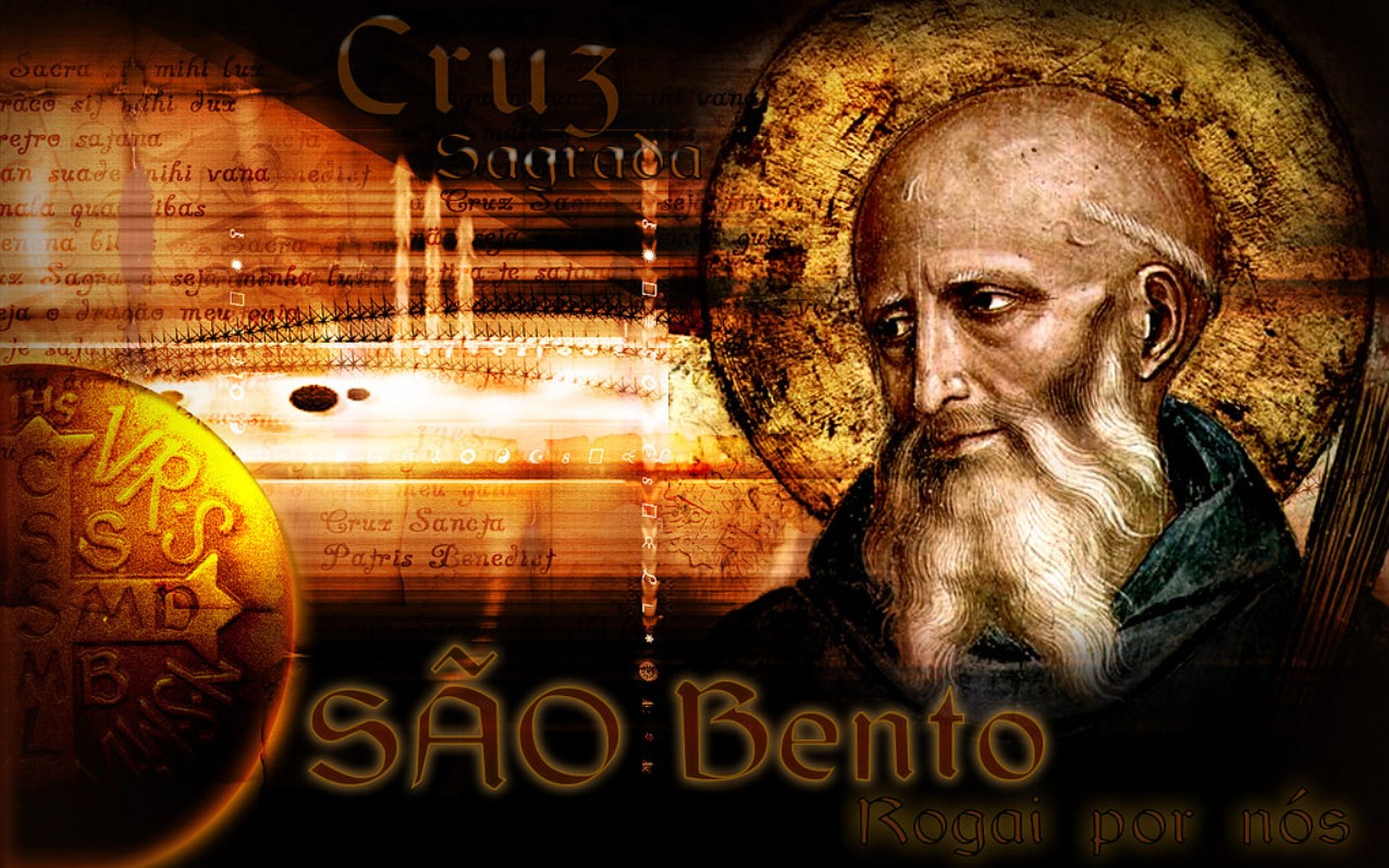 Silêncio Interior e a regra de São Bento Imagem de são bento com silhueta luminosa e no mome em fonte grossa: São Bento, e palavra em latim: CRUZ SACRA