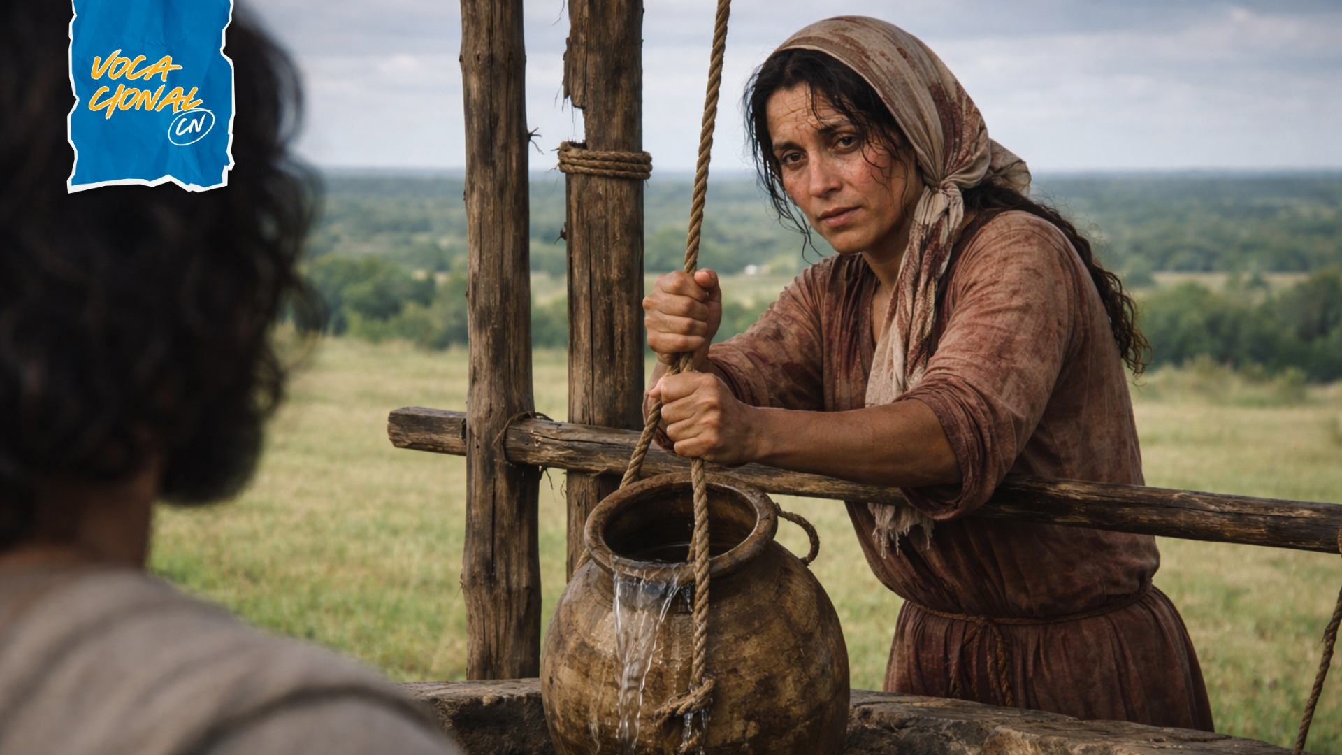 Jesus e a mulher samaritana no poço de Jacó enquanto ela tira água e escuta suas palavras.