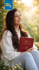 Mulher com Bíblia sob luz da Vida Nova